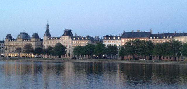 European building on lake